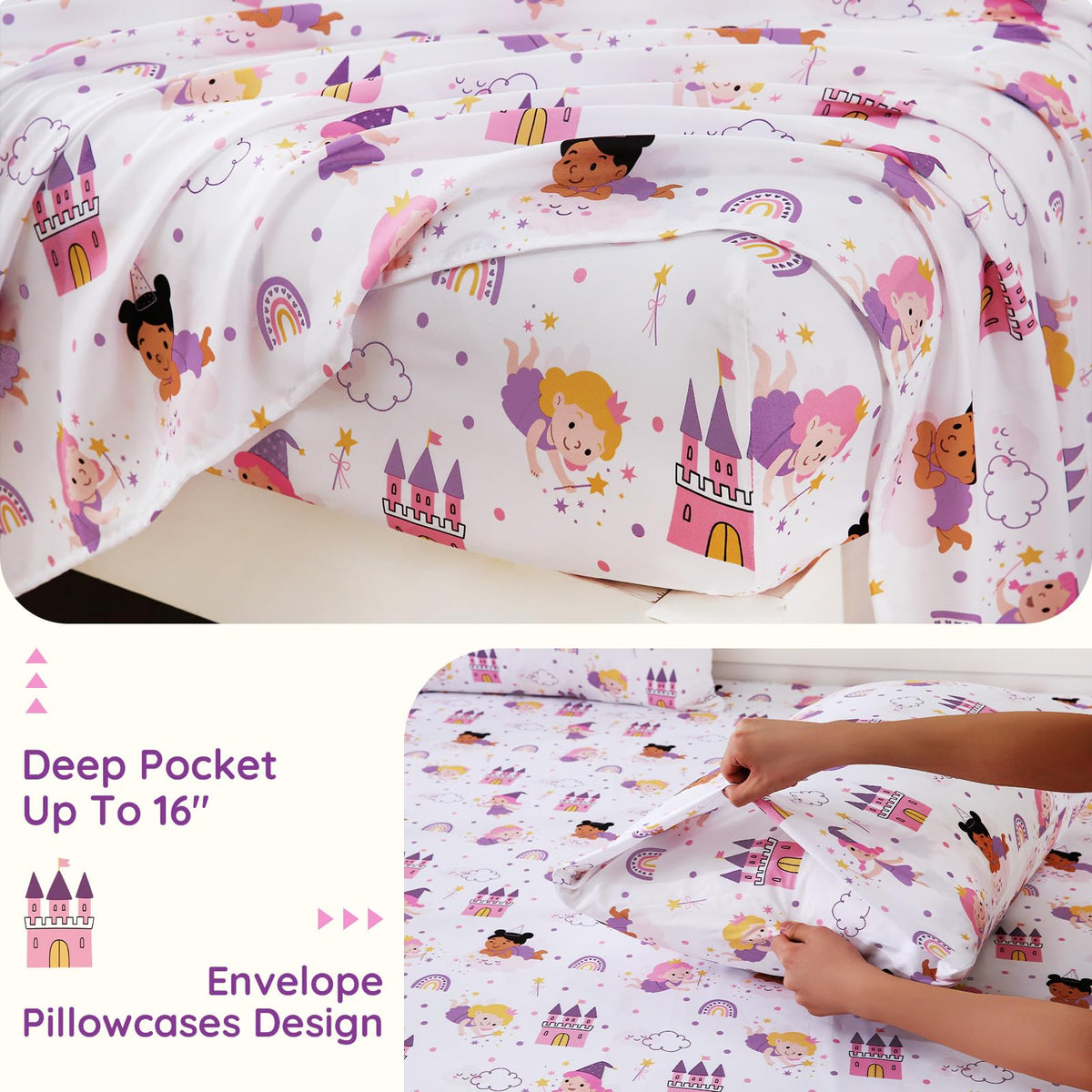 MCO Fairy Castle Kids Full Size Bed Sheets, Soft Microfiber 4 Pieces Breathable Bed Sheet Set for Boys and Girls