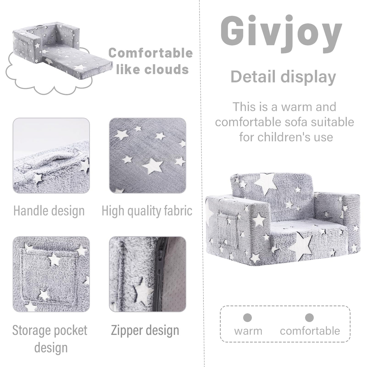 Givjoy Toddler Chair Plush Kids Couch, 2-in-1 Glow in The Dark Comfy Armchair Removable and Washable Cover Carrying Handle, Kids Reading Chair Toddler Couch for Playroom, Girls and Boys, Grey Star