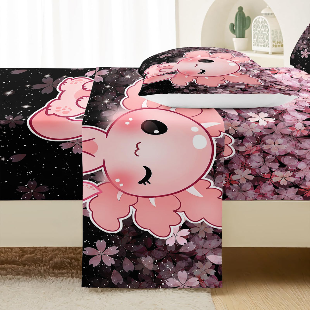 QOOMO Kawaii Axolotl Bedding for Boys and Girls Pink Cherry Blossom Super Soft Kids Bedding Set Sparkling Stars Breathable Room Decoration Twin Size 1 Fitted Sheet, 1 Flat Sheet, 2 Pillow Cases