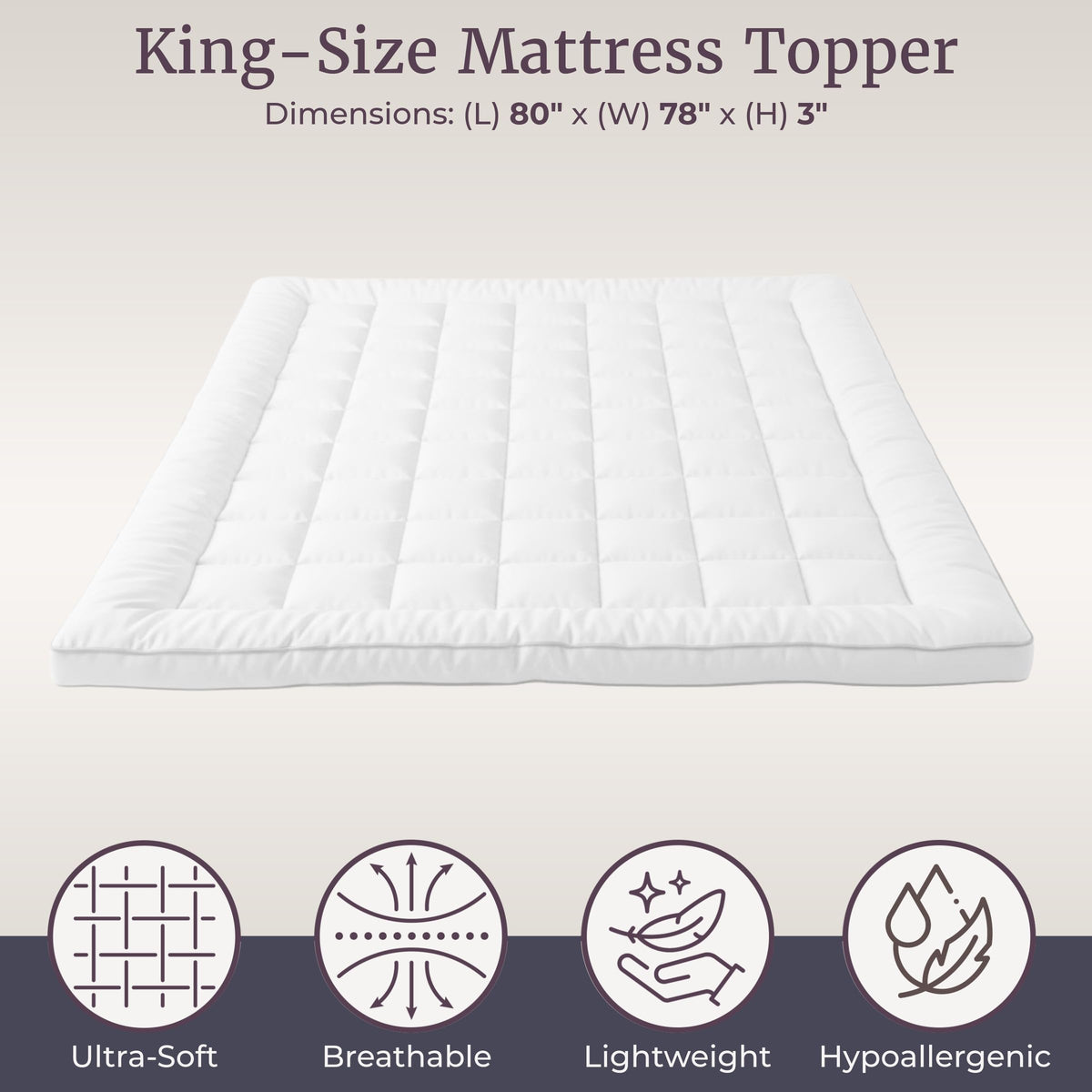 Down Alternative Mattress Topper-King Size- 3” Gusset Hypoallergenic Fiber Filled Pillowtop Pad for Cushion & Support-Microfiber Cover- by Lavish Home