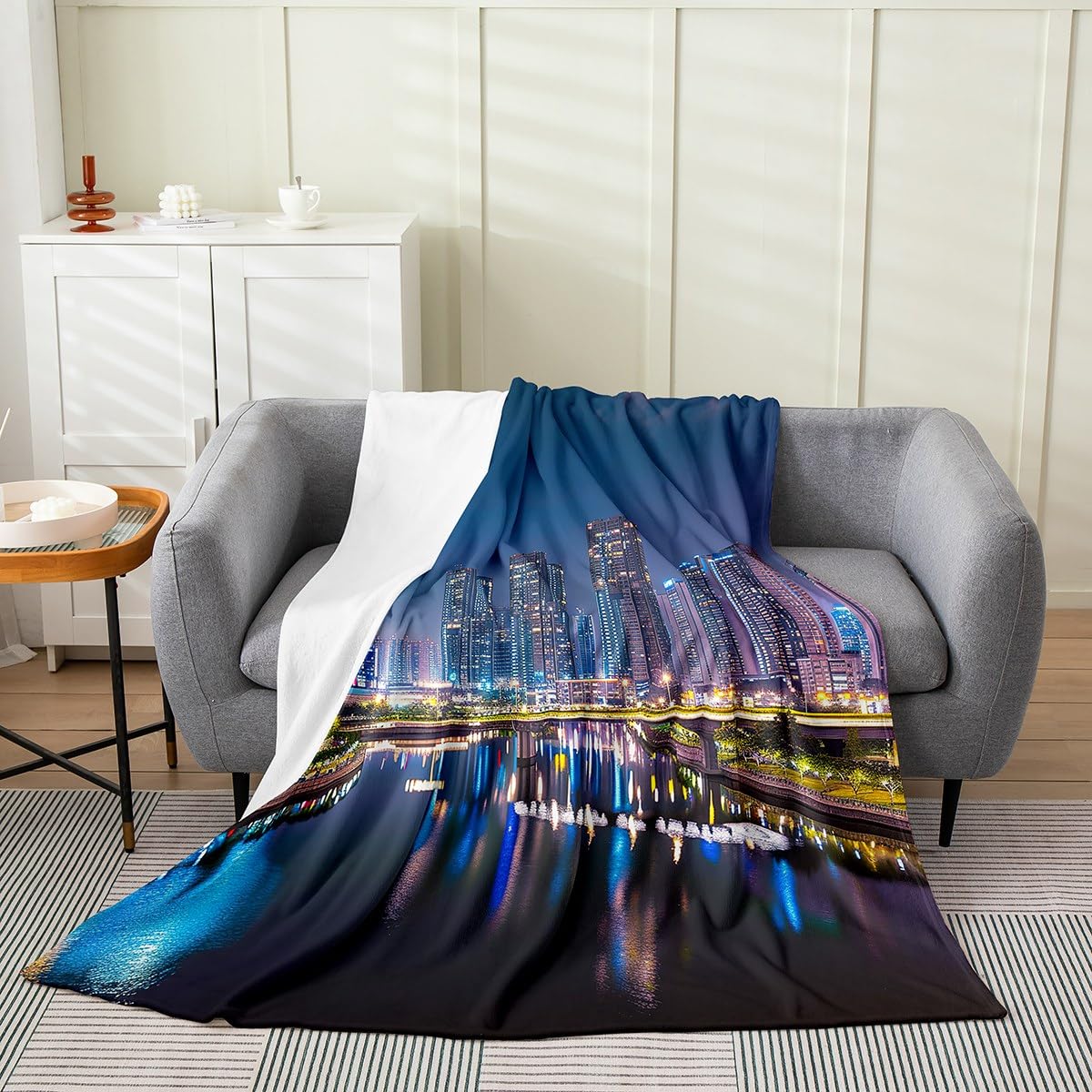 Erosebridal American Cityscape Blanket,Modern City Building Throw Blanket for Man,Famous Urban Fleece Blanket Lightweight,City Lights Flannel Blanket Twin 60x80 Inch