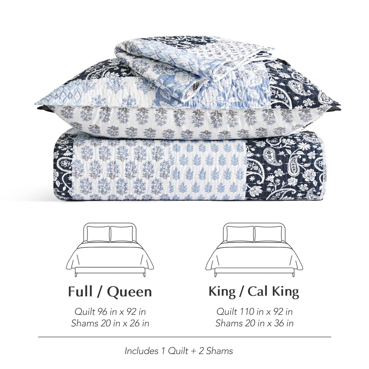 EverGrace Cotton Quilt Set King Size,100% Cotton Reversible Lightweight Bedspread Coverlet, Printed Patchwork Farmhouse Bedding, Traditional Block Print Quilt with 2 Pillow Shams,Coastal Blue 110"×92"