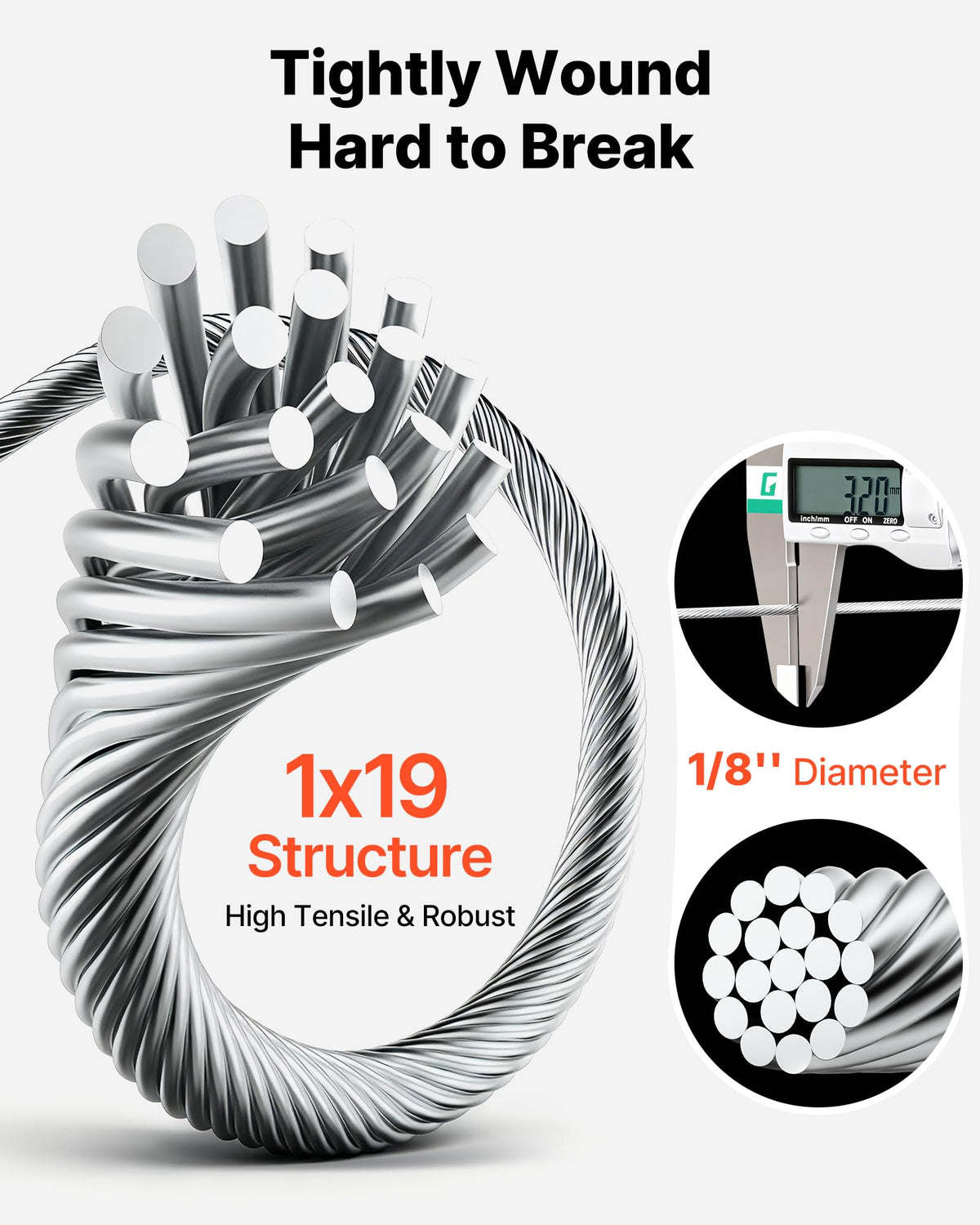 VEVOR 1/8 Inch Wire Rope, 1000 ft Length, 316 Stainless Steel Wire Cable with Cutter, 1760 lbs Breaking Strength, 1 x 19 Strands Construction, Steel Cable for Deck Railing System, Garden Trellis