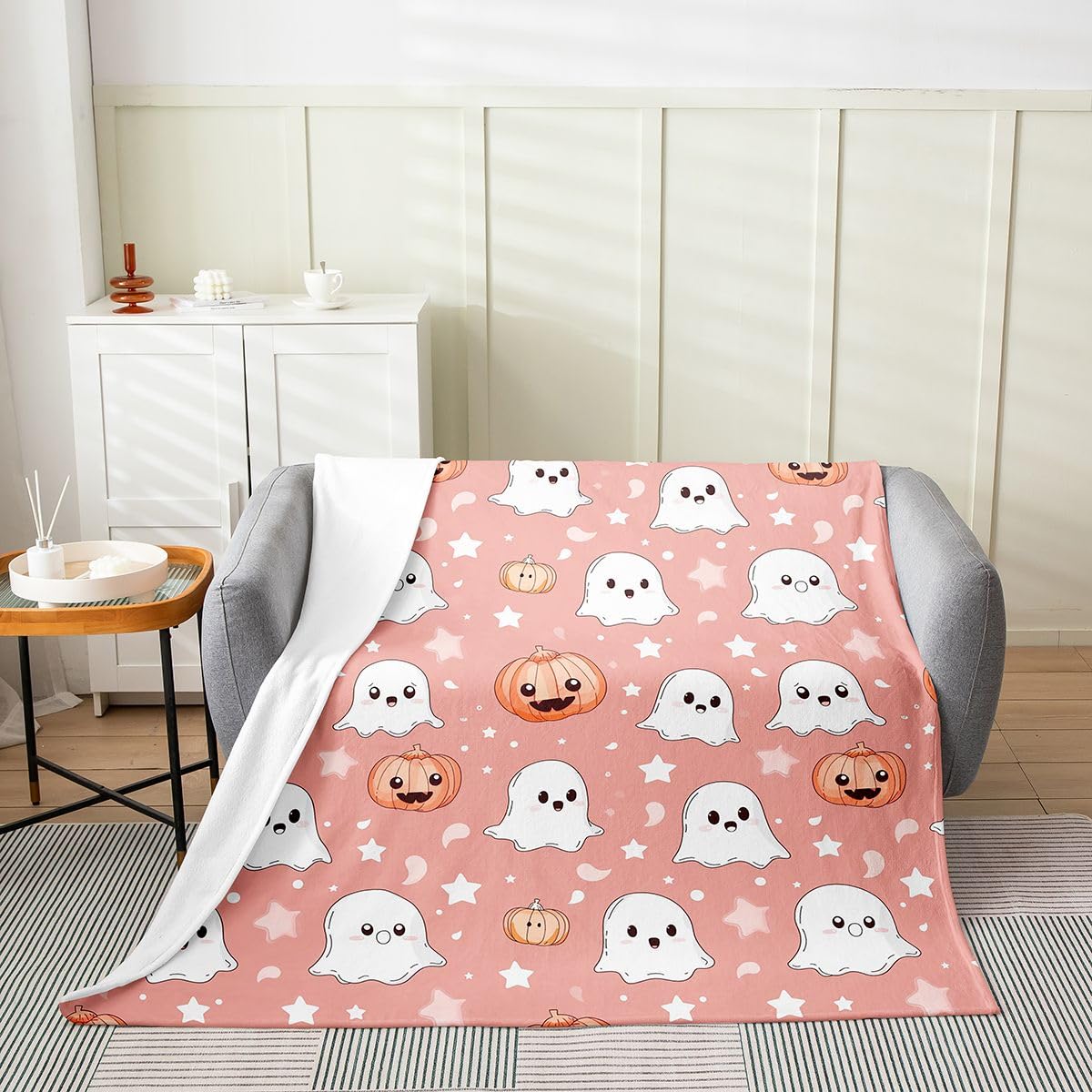 Feelyou Ghost Fleece Throw Blanket Halloween Themed Flannel Blanket Plush Fuzzy Trick or Treat for Bed Couch Chair Living Room Soft Pink Throw 50"x60" Spooky Pumpkin Bedroom Decor