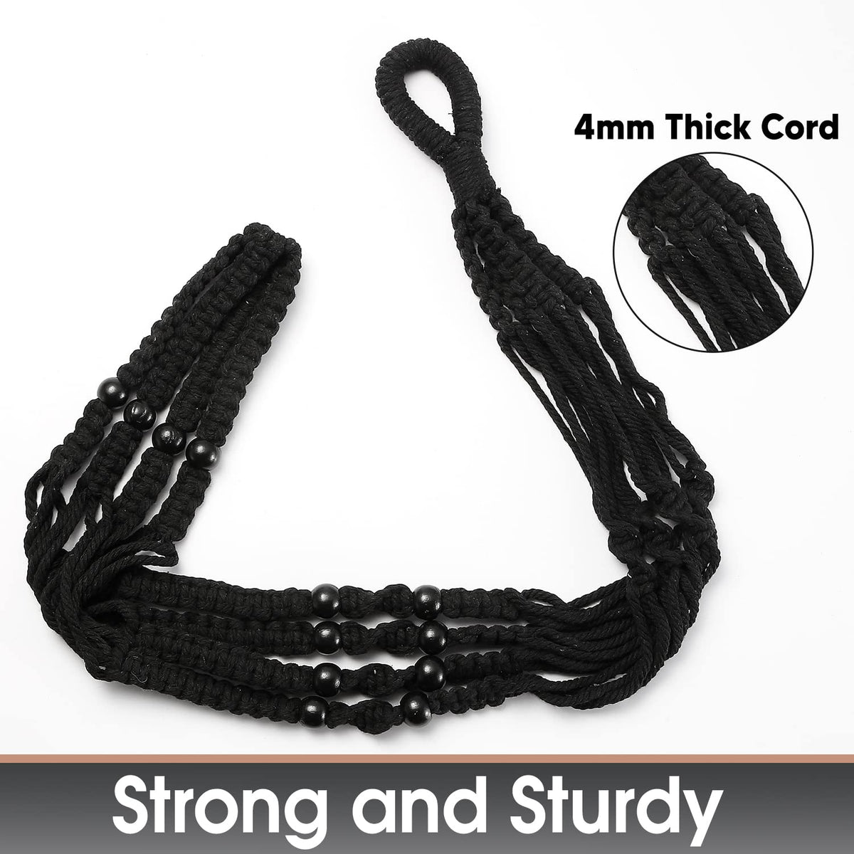 Shineloha 43 Inches Macrame Planter Hanger Large for 12 inch Pot + Swag Hook (Extra Long & Big) | Large Hanging Planter for Indoor Plants | No Tassel, Cotton Rope, NO Pot/Plant Included (Black)(XL)