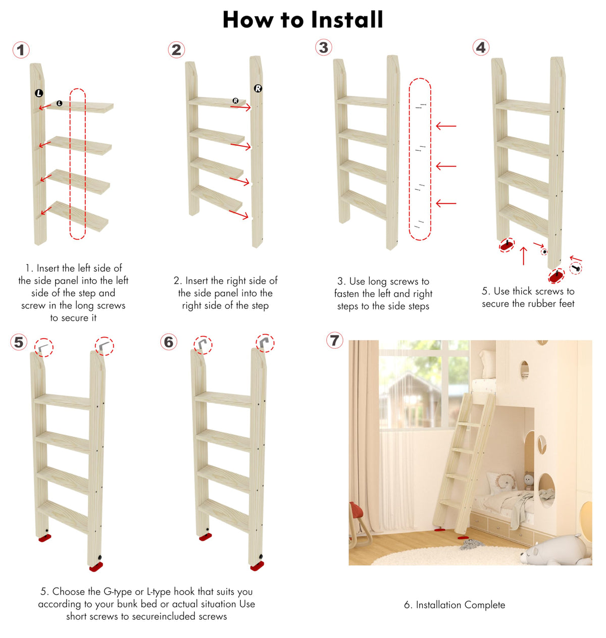 50" 55" 60" Wood Bunk Bed Ladder, Lofted/Dorm/RV Bed Bunkbed Ladders with 4in Extra Wide Steps and Non-Slip Pads, Replacement Wooden Ladder for Motorhome/Camping (Wood Color, 60in /153cm)