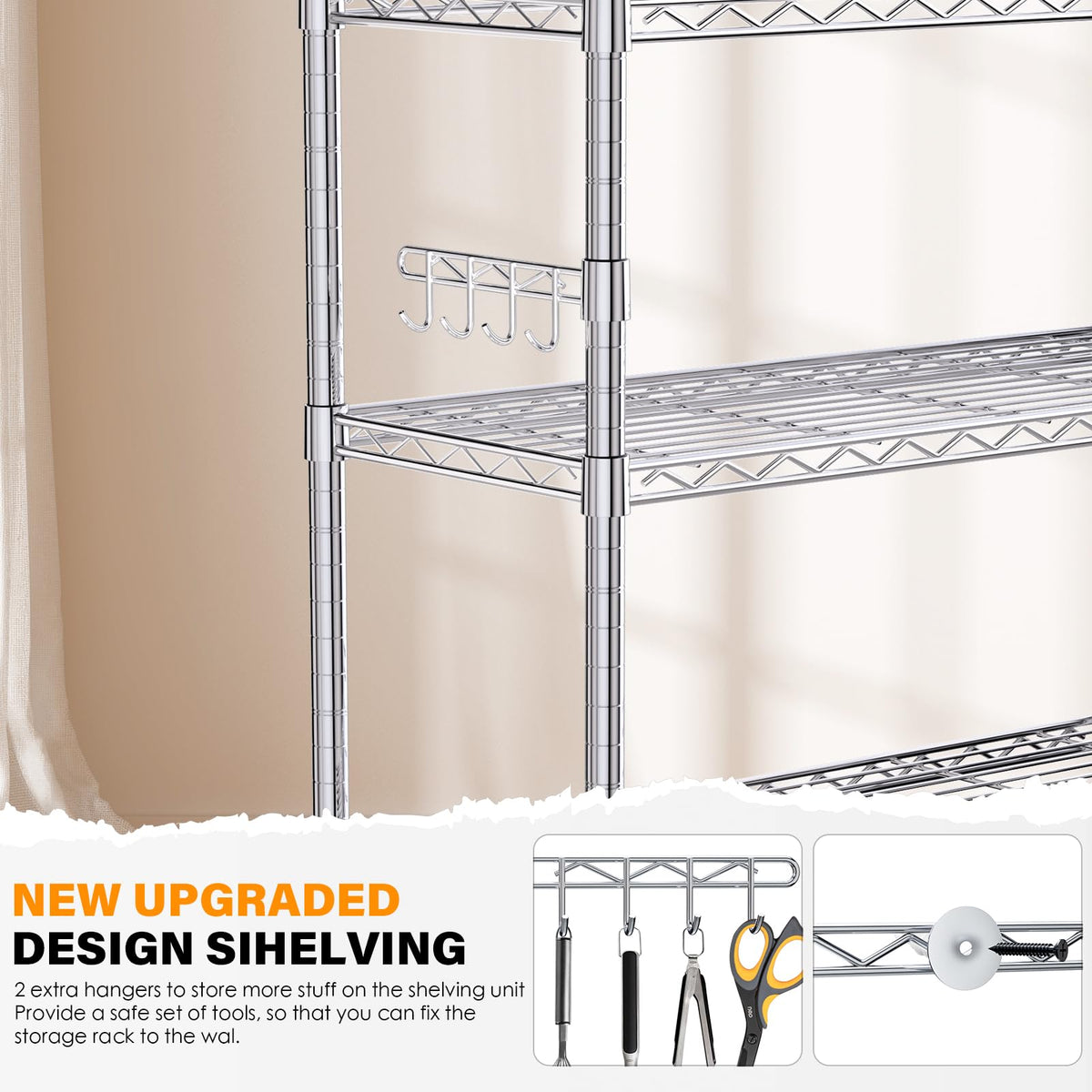 YNN Storage Shelves,1750Lbs 5 Tier Heavy Duty Metal Rolling Shelving Unit with Wheels & 8 Hooks, Adjustable Garage Wire Rack for Kitchen, Bathroom,Industrial,Pantry(36" W x 14" D x 72" H, Chrome)