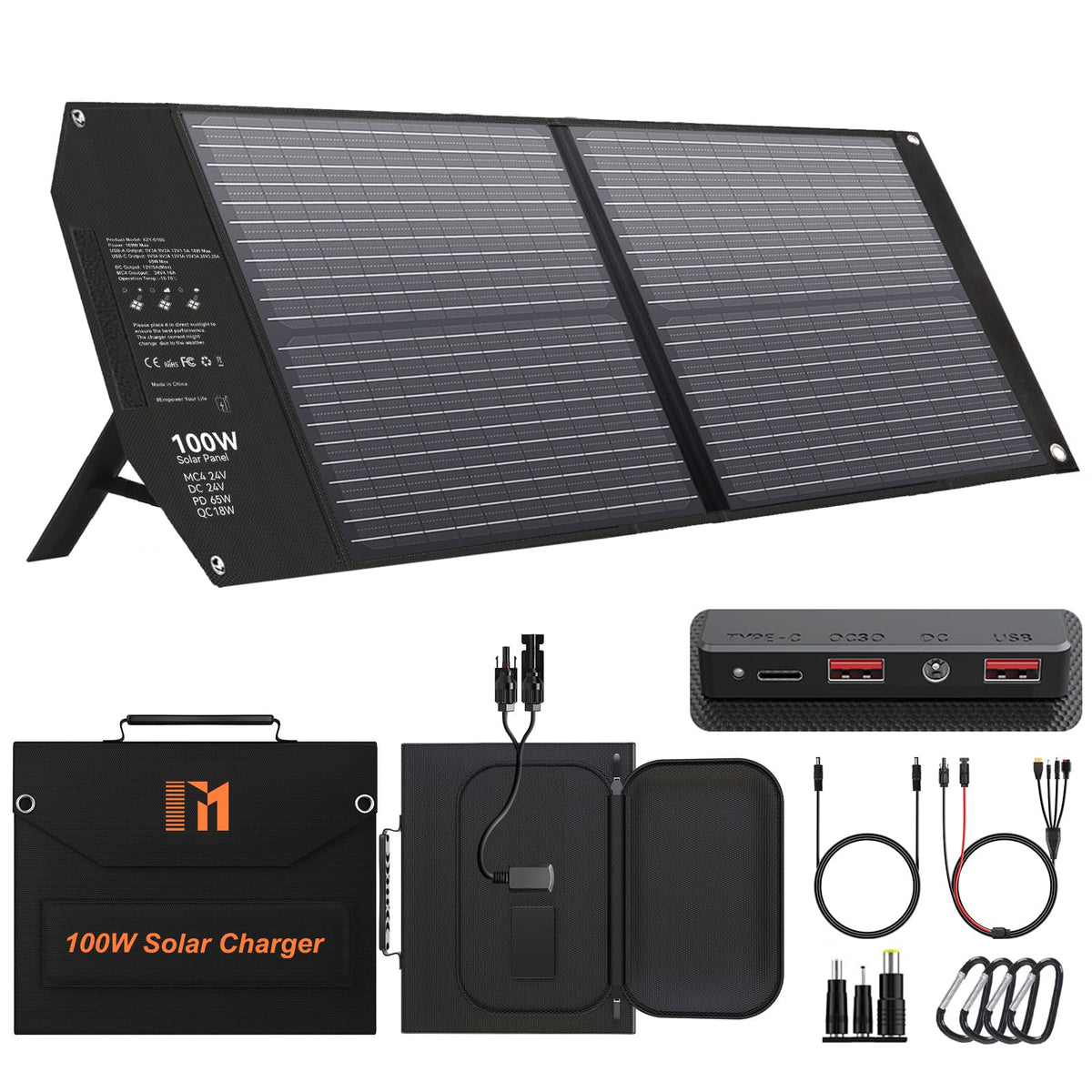 100W Portable Solar Panel USB-C PD 65W Fast Charging 24V MC4 DC QC3.0 USB-A Foldable Solar Charger for Power Station Generator Outdoor Camping RV Trip Off Grid Living