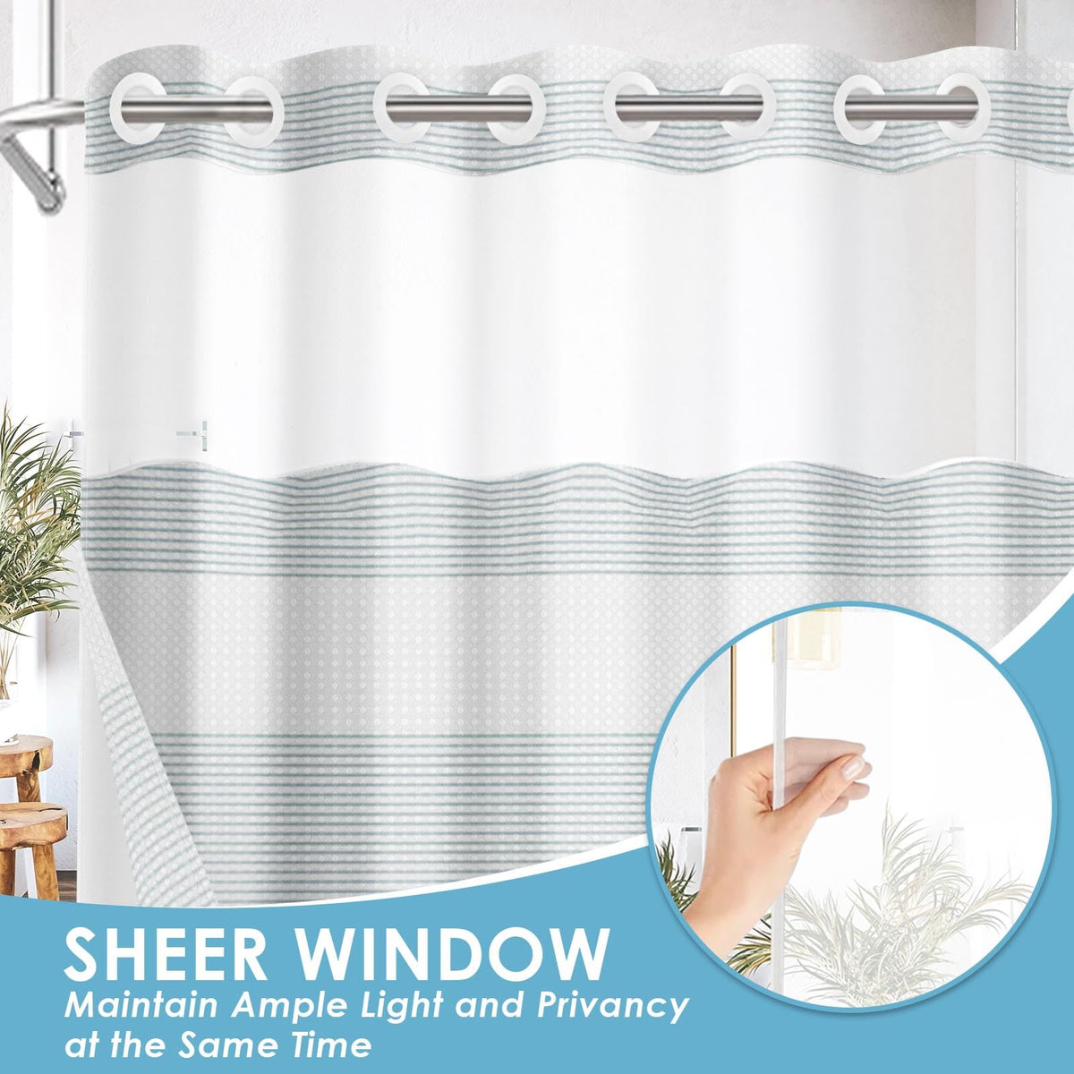 Nesphy No Hook Shower Curtain with Snap in Fabric Liner Set, Teal Striped Waffle Weave Ombre Heavy Duty Bathroom Curtain Set Sheer Mesh Top Waterproof Double Layers Hotel Style, 71x74 Inch