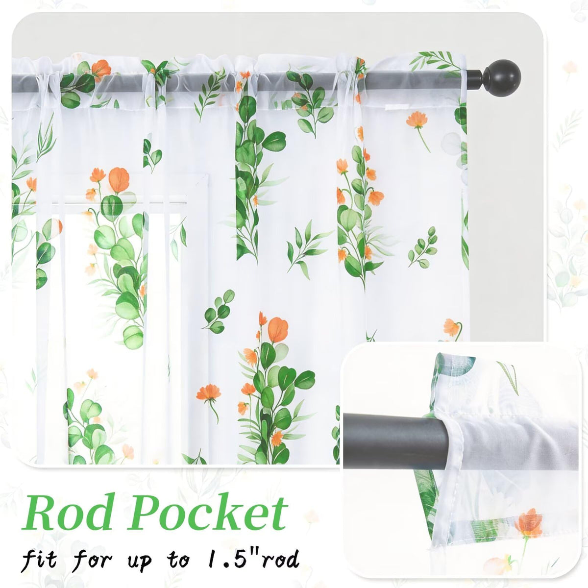 youleyar Floral Sheer Curtains for Living Room 84 Inches Long 2 Panels White Semi-Sheer Curtain with Green Floral Printed Pattern Summer/Spring Rod Pocket Voile Drapes for Bedroom, 52" W x 84" L