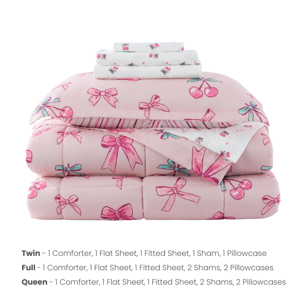 Berkshire LIG Printed Reversible Microfiber Comforter Set–7-Piece, Ultra Soft All-Season Bedding, Wrinkle & Fade Resistant, Queen, Cherry Bows Blush