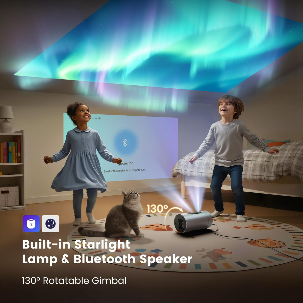 Smart Portable Projector with WiFi and Bluetooth, USB-C Powered, Mini Projector Built-in Apps & Android 14 OS, 1080P FHD HDR10, TOF Real-Time Auto Focus/Keystone, YQHS Outdoor Movie Projector