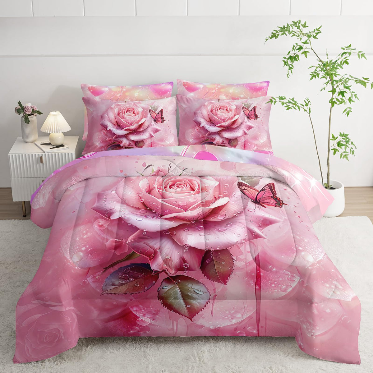 AILONEN Pink Rose Comforter Set Twin Size for Girls Women,7-Piece Soft Bed in a Bag,Rose Flower Butterfly Comforter & Fitted Sheet & Flat Sheet & 2 Pillowcases,2 Pillow Shams