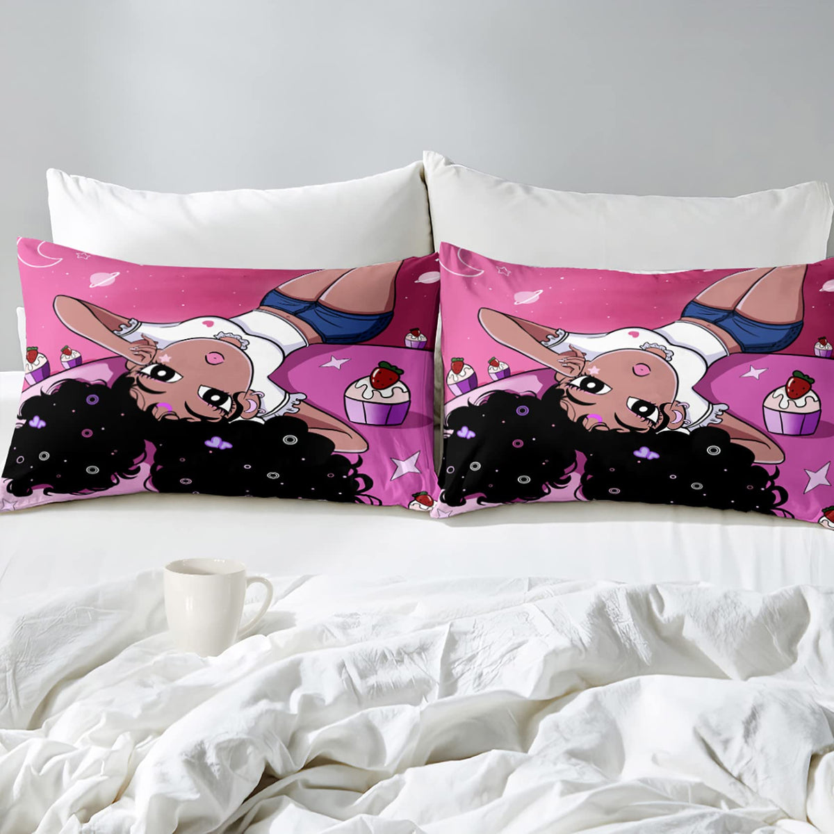 FJKJHKGJ African American Comforter Sets for Girls, Black Girls Kids Comforter Sets 2 Piece Pink Twin Size Bedding with 1 Pillowcase