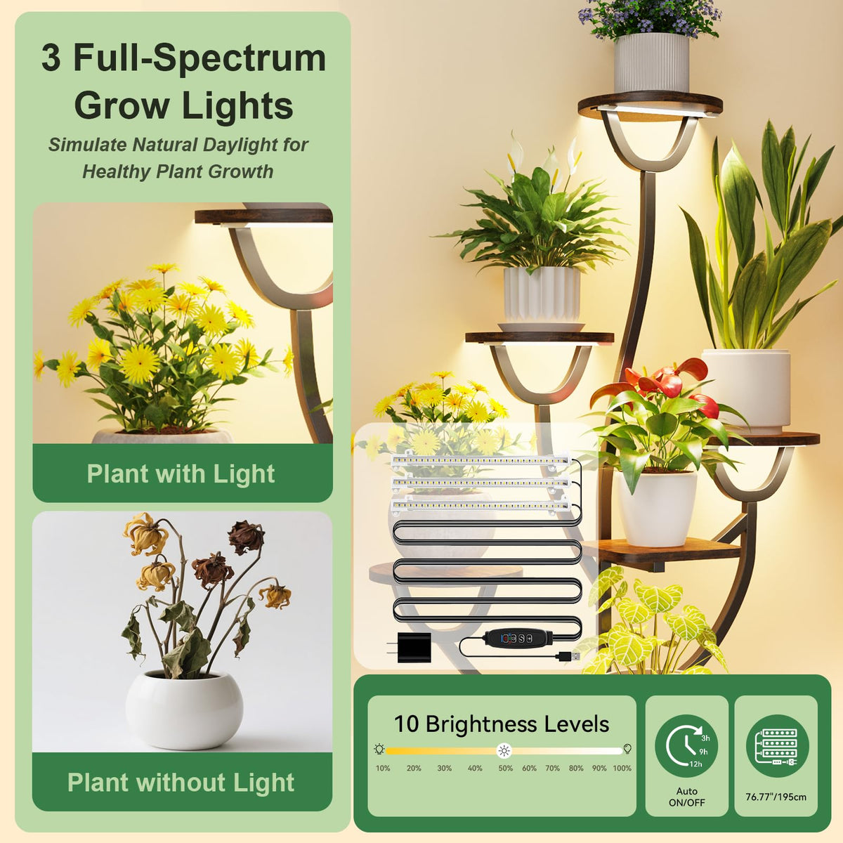 Plant Stand Indoor with Grow Lights - 44.2" Tall Plant Shelf, Lighted Corner Plant Stands for Indoor Growing, 7 Tiered Metal & Wood Plant Holder Display Shelves for Living Room, Patent Design - C4