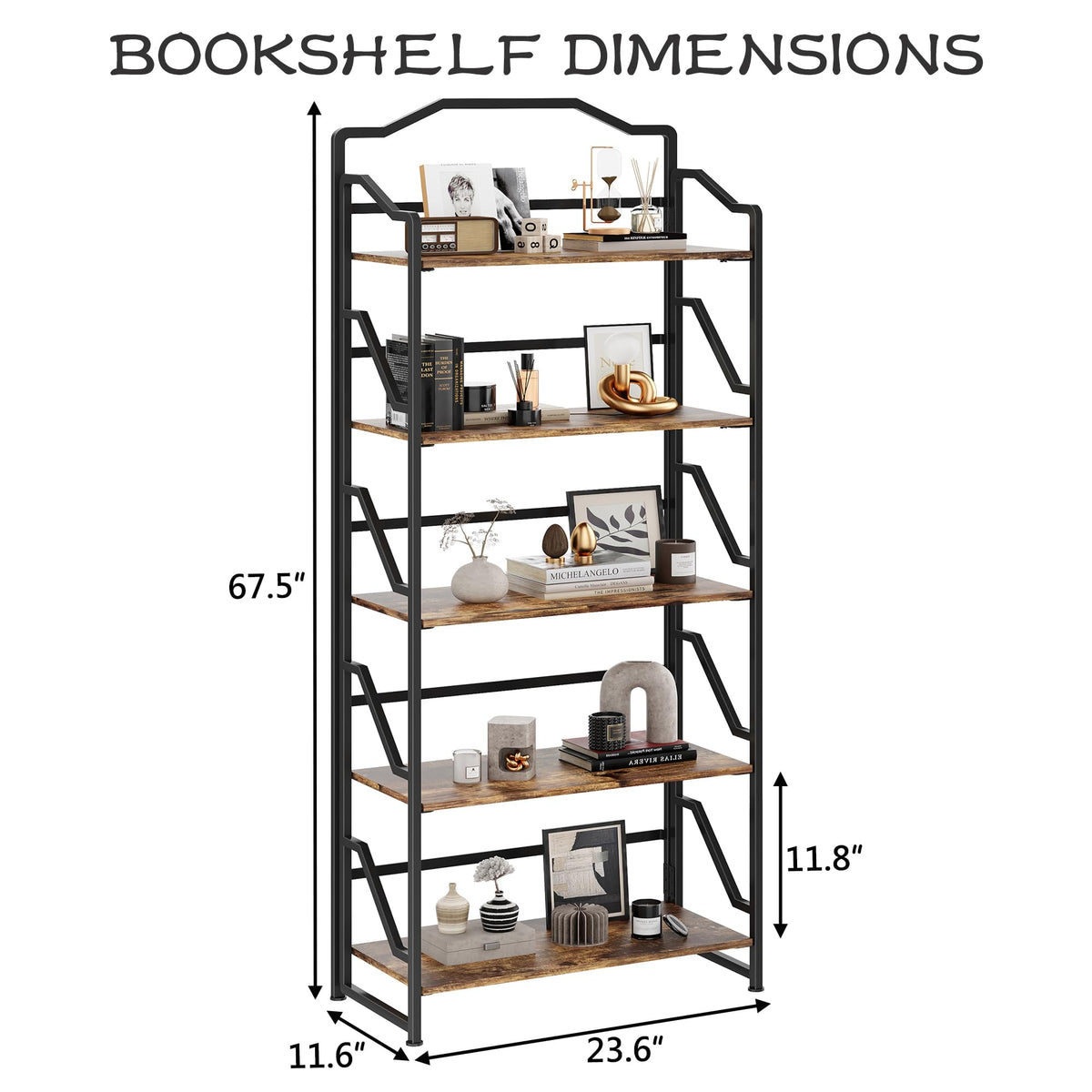 JSB 5 Tier No Assembly Folding Bookshelf, Foldable Storage Bookcase for Home Office, Space-Saving Storage Shelf for Living Room, Bedroom (Rustic Brown, 5-Tier)
