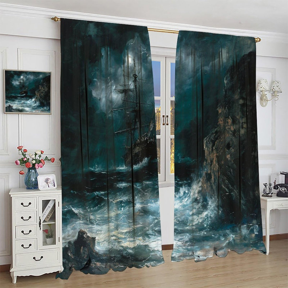 TOWINSFB Nautical Oil Painting Blackout Curtains for Bedroom Living Room, Sea Storm Pirate Ship Thermal Insulated Room Darkening Curtain - 42" W x 45" L