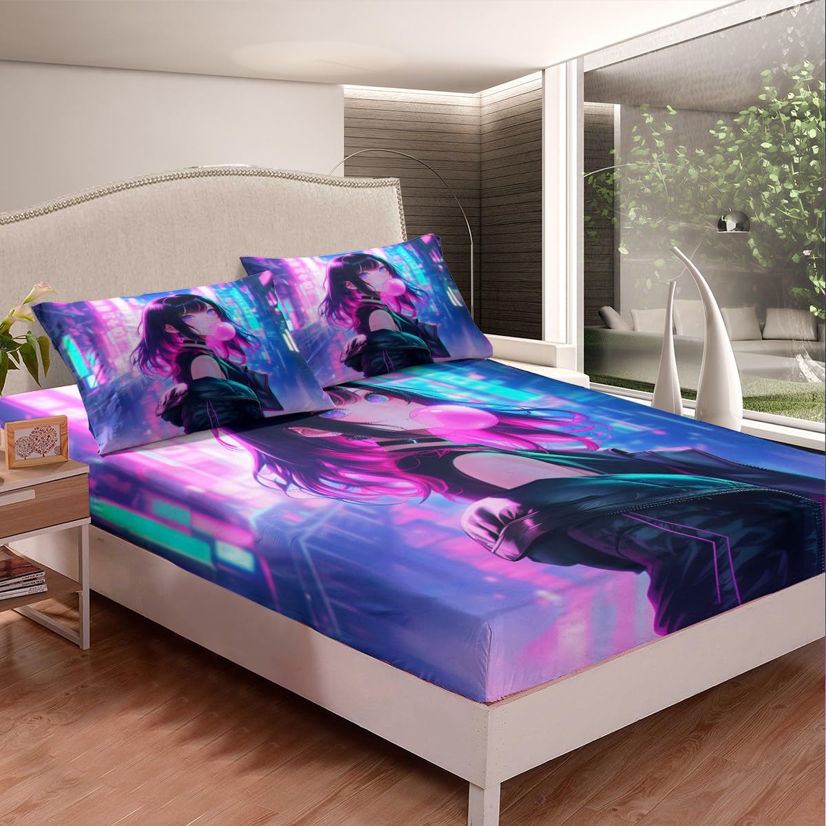 Erosebridal Anime Girl Fitted Sheet Top Twin Size, Kawaii Japanese Anime Sheet Set for Kids Boys Teens Adult Women, Cartoon Girl Bed Sheets Japan Animation Bedroom Decor, Machine Washable