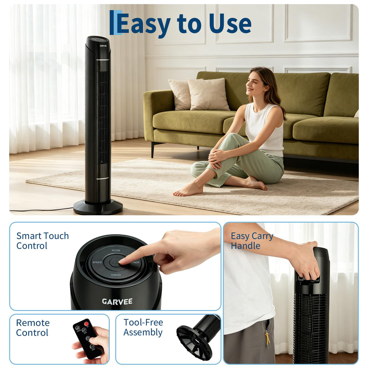 MilleLoom Tower Fan for Bedroom, Upgraded DC Motor | 18ft/s Wind Speed | 56dB Quiet Floor Fan for Bedroom | 60° Oscillating Standing Fan with Remote & Touch Screen | 3 Speeds, 4 Modes