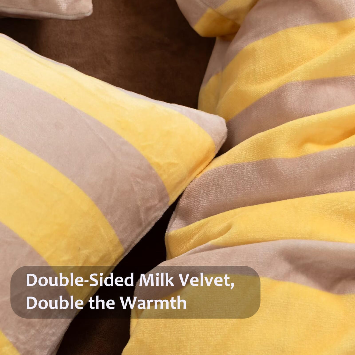 Bedbay Yellow Striped Comforter Set King Size Luxury Fleece Fluffy Comforter Set Plush Flannel Bedding Yellow Stripes Pattern Bed Set Soft Warm Velvet Bedding Comforter for All Seasons