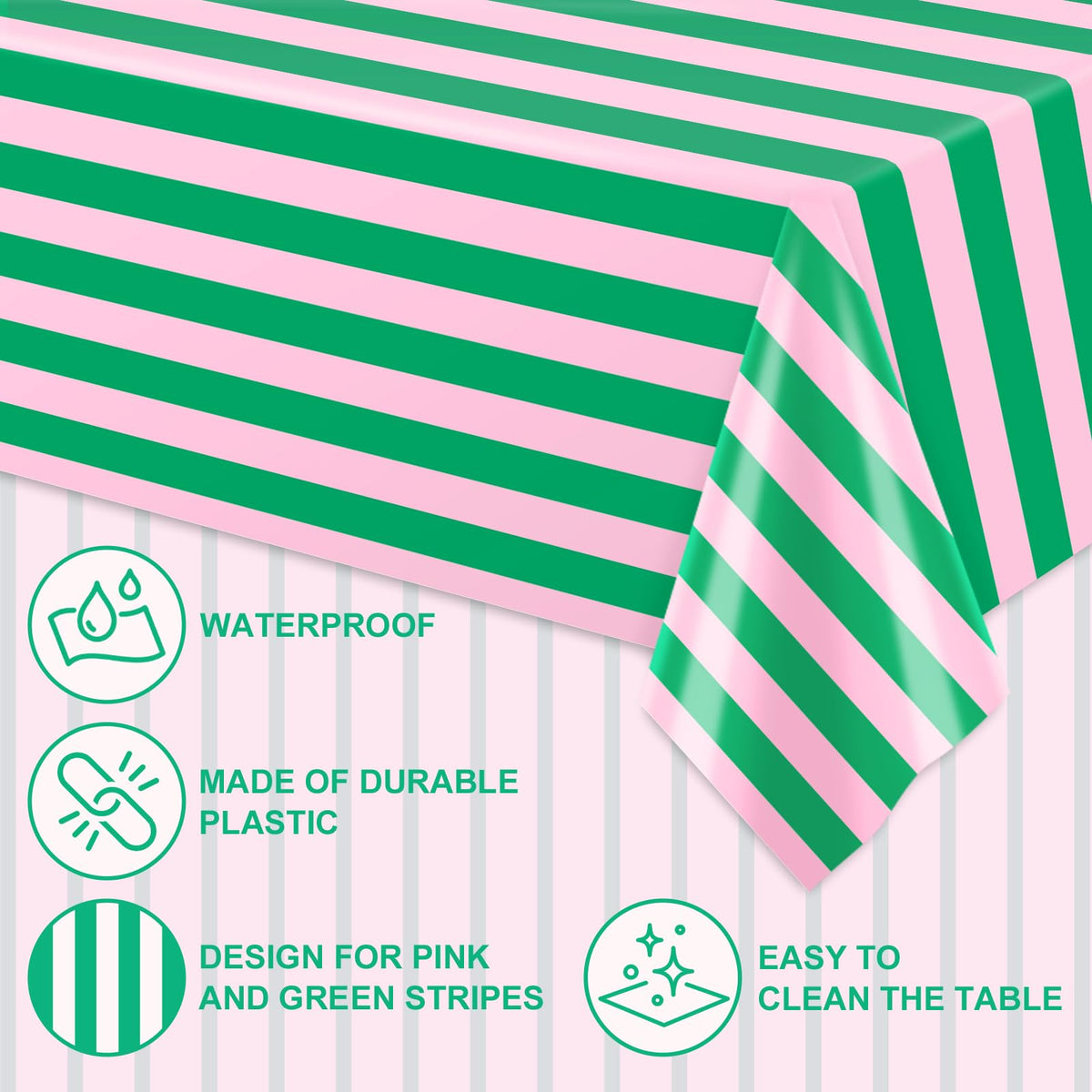 JarThenaAMCS 6Pcs Stripe Plastic Tablecloth Disposable Table Cloth Pink Green Rectangle Table Cover for Birthday Baby Shower Wedding Party Picnic Supplies, 54 x 108 Inch