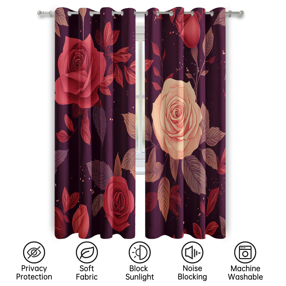 Mistwalk Girls Romantic Rose Blackout Curtains 84 Inches Long, Patterned Curtains for Bedroom & Living Room, Room Darkening Thermal Insulated Grommet Drapes, Vintage Purple Floral Window Treatments