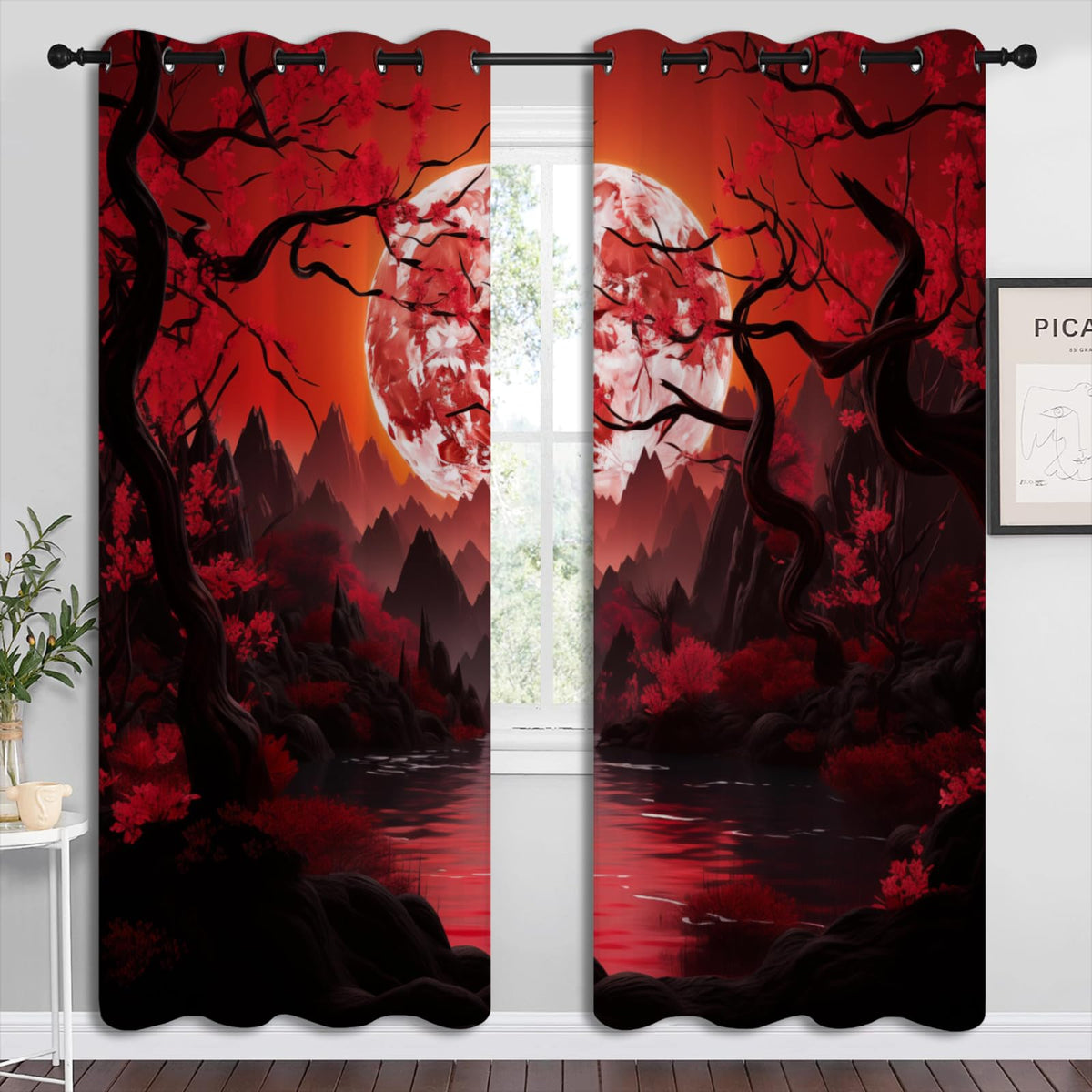 LHROOMJK Japanese Blackout Curtains for Boys Girl Bedroom Home Decor,Asian Anime Red Plum Red Moon Landscape Painting Thermal Insulated Grommet Darkening Living Room Window Drapes, 72 x 63 inch