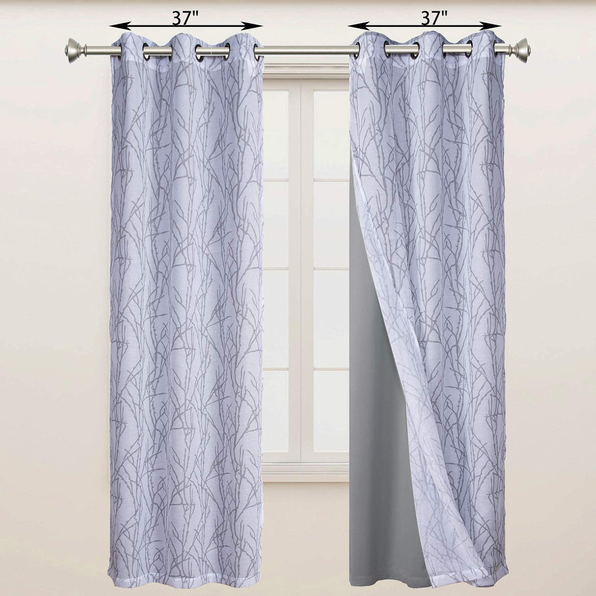 BONZER Mix and Match Curtains - 2 Pieces Branch Print Sheer Curtains and 2 Pieces Blackout Curtains for Bedroom Living Room Grommet Window Drapes, 37x84 Inch/Panel, Light Grey, Set of 4 Panels