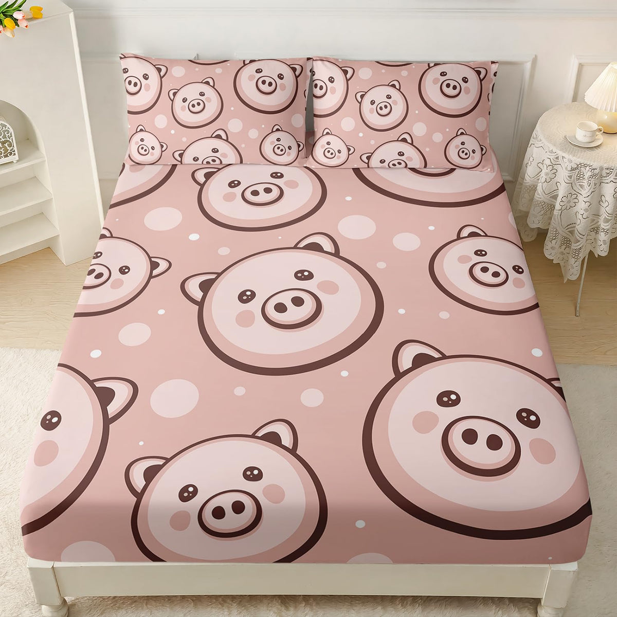 AILONEN Funny Pig Fitted Sheet Set Twin Size,3-Piece Cute Animal Bed Sheet Set for Kids,Cartoon Pig Print Pink Microfiber Fitted Sheet with 2 Pillowcases,All Season