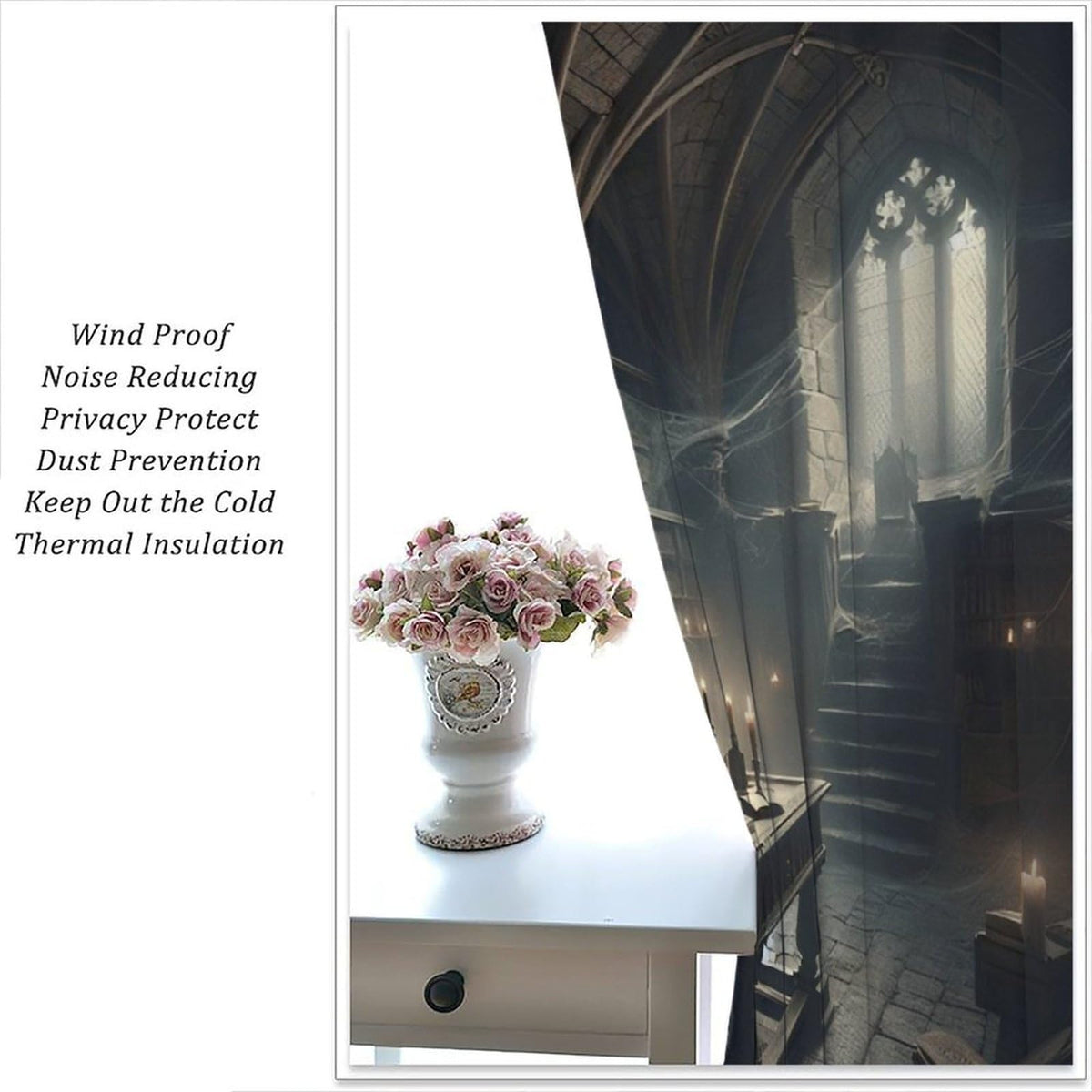 Nsbul Gothic Library Curtains, Mysterious Halloween Spooky Bookshelf Webs Dark Decor Window Treatment for Bedroom Living Room Festive Holiday, 42" W X 45" L(No Blackout)