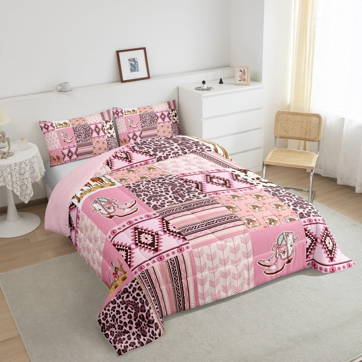 Feelyou Pink Aztec Bedding Set Full Size, Kids Western Decor Comforter Set Wild West Cowboy Cowgirl Comforter Boho Style Duvet Insert Bed Set 3Pcs