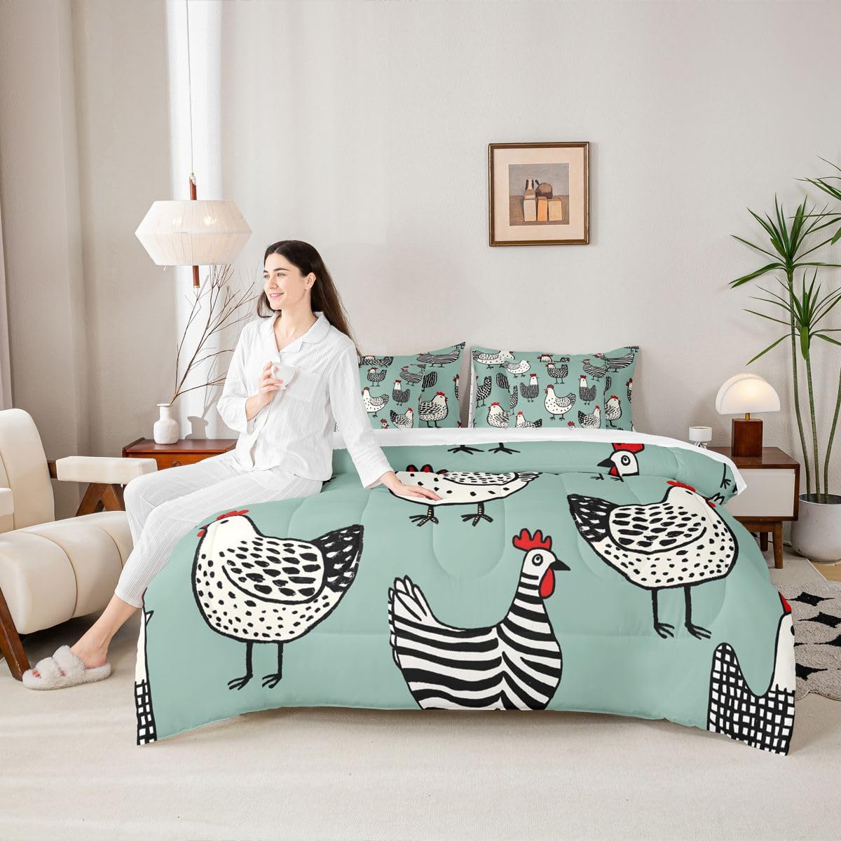 Erosebridal Chicken 7 Pcs Bedding Set Full Cartoon Chick Comforter Set with Sheets Cute Farmhouse Animal Bed in A Bag Teal Black Bedroom Decor