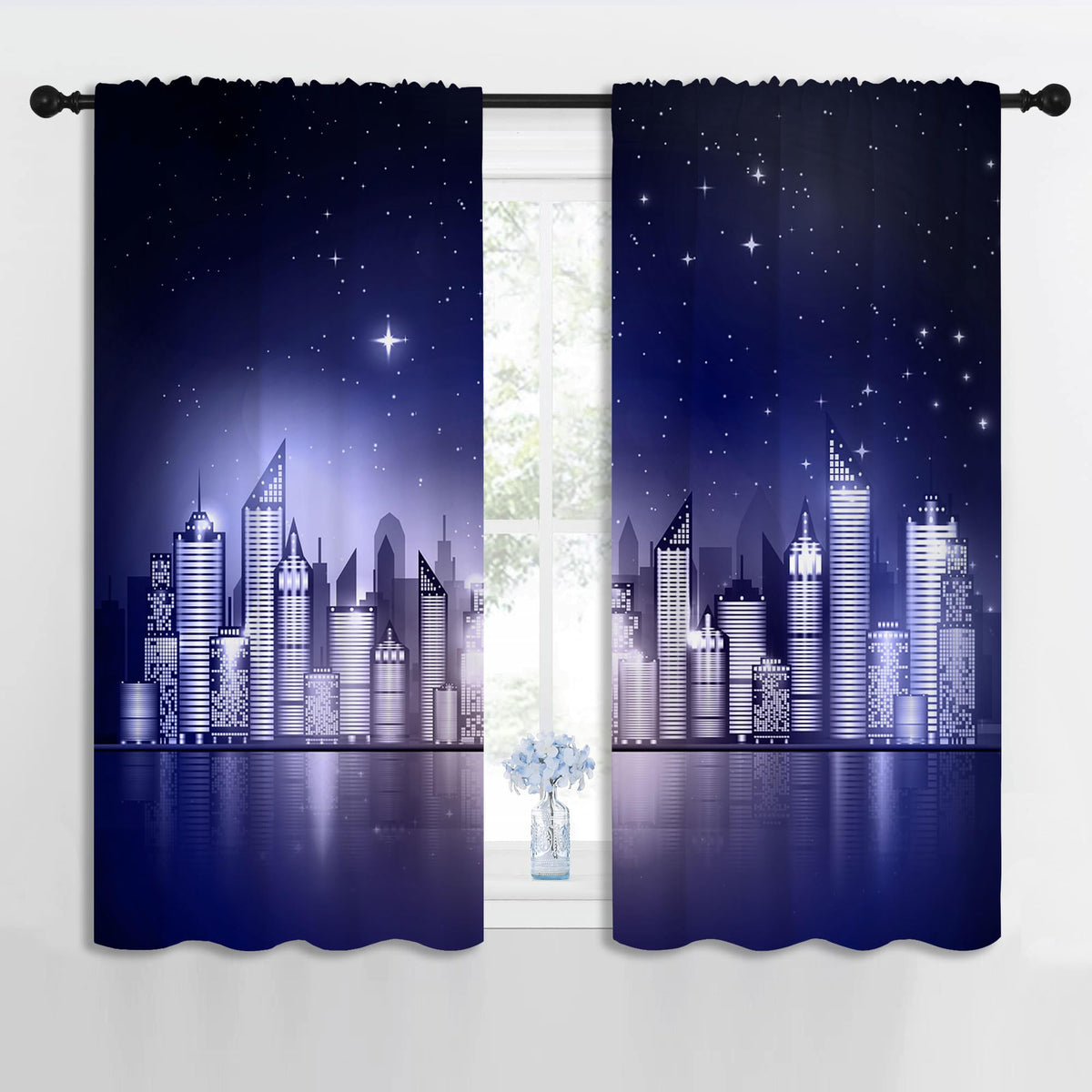 PYMATYTN City Rod Pocket Blackout Curtains for Boy Girl Bedroom, New York Skyline Modern City Starry Sky Night View Thermal Insulated Home Window Drapes for Living Room Darkening, 42x45 inch