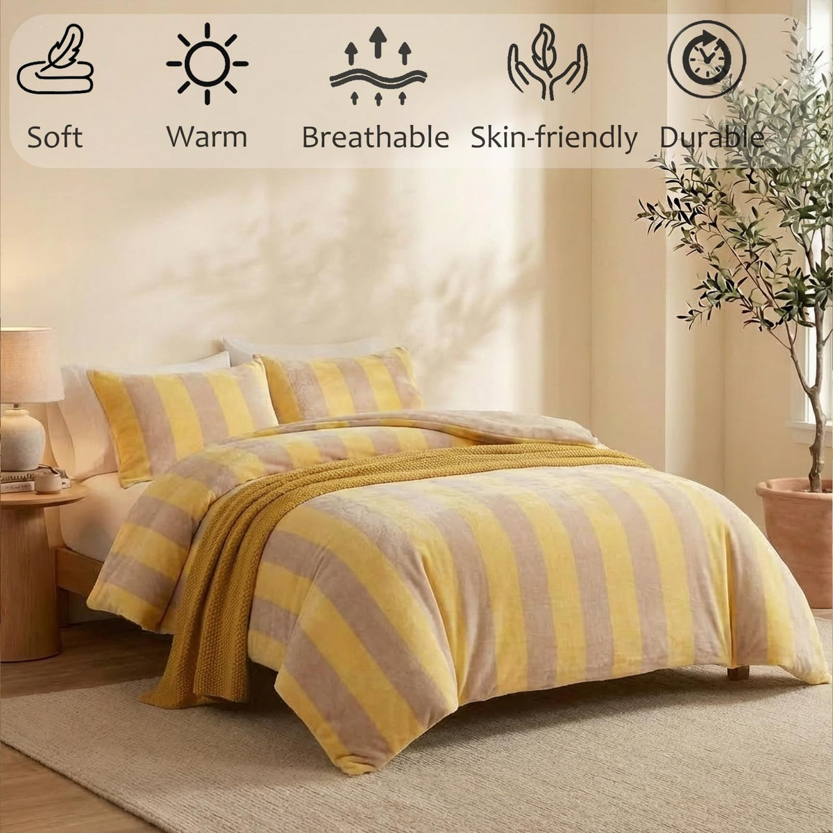 Bedbay Yellow Striped Comforter Set King Size Luxury Fleece Fluffy Comforter Set Plush Flannel Bedding Yellow Stripes Pattern Bed Set Soft Warm Velvet Bedding Comforter for All Seasons