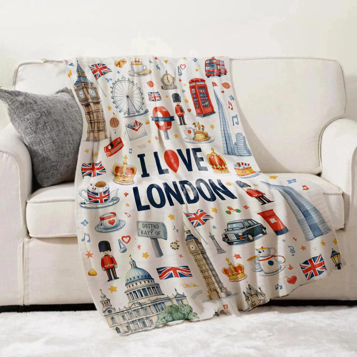 Turamurra London Travel Icons Throw Blanket Gifts for Kids Women, I Love London Landmark City Blankets for Home, Living Room, Bedroom Decor, Flannel Plush 50"x60"