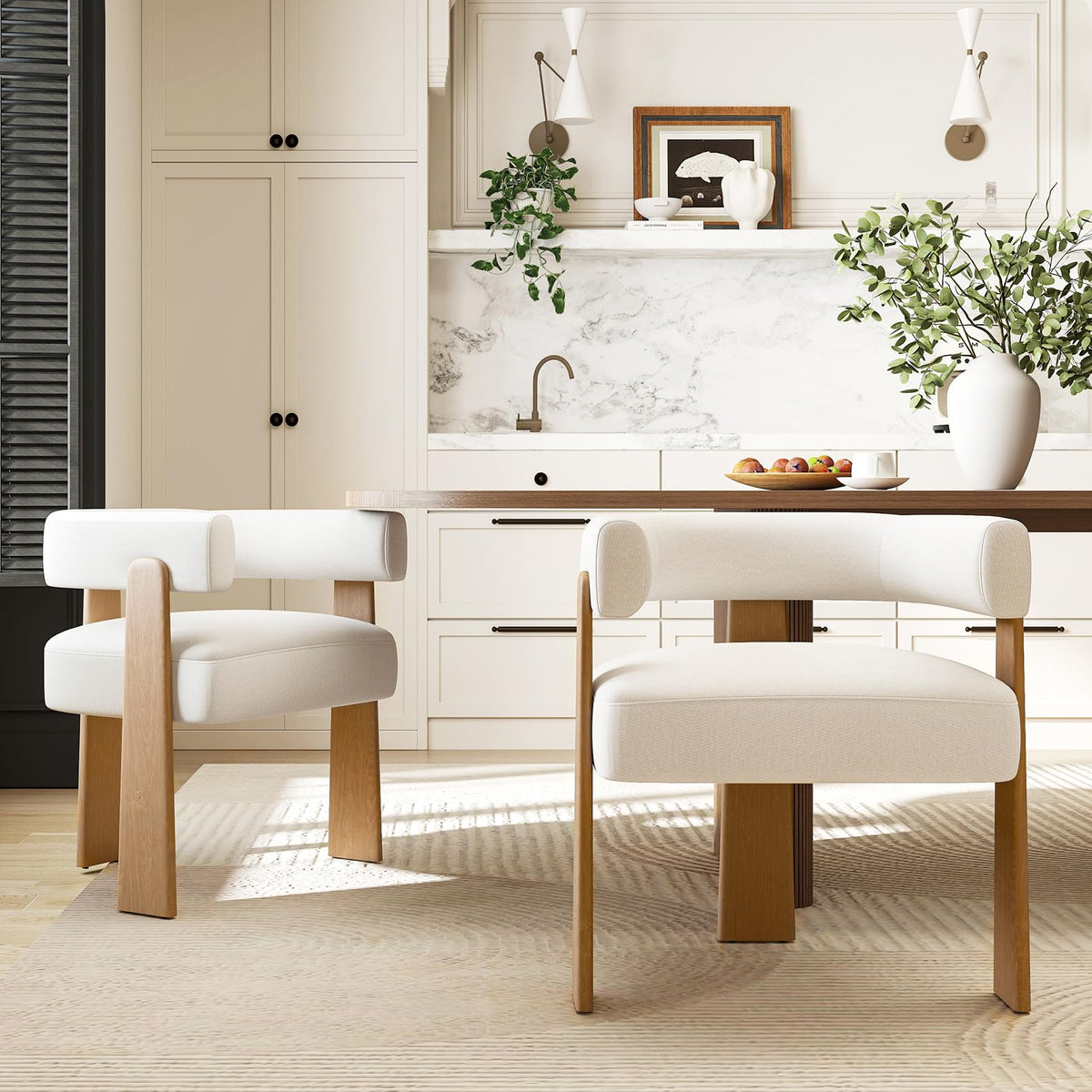 Hyfirm Set of 2 Modern Boho Barrel Dining Chairs with Wood Legs, White Upholstered Accent Armchairs with Thick Padded Cushion for Kitchen, Minimalist Natural Chic Chairs for Living Room