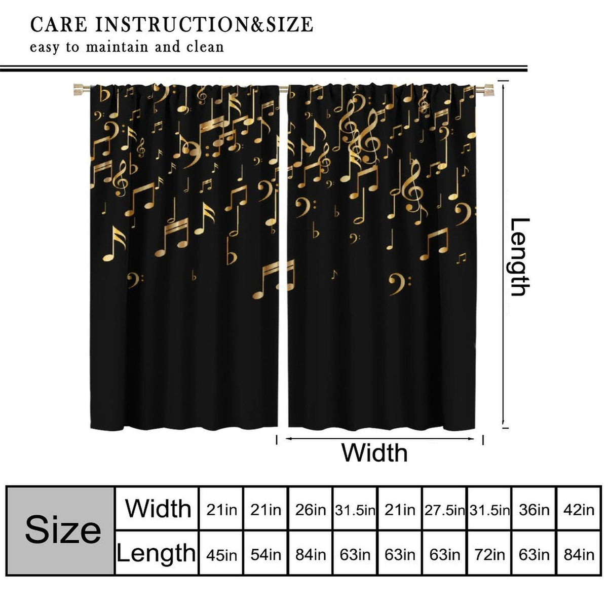 Musical Notes Curtains, Golden Music Note Print Black Background Modern Art Window Treatments Drapes for Living Room Bedroom Kitchen Home 42" W X 45" L(No Blackout)