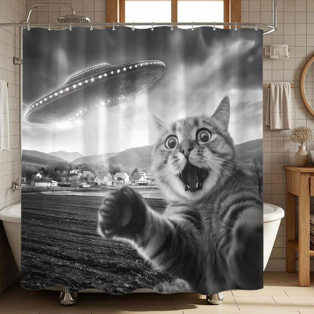 Bonriva Funny Cat Black and White Shower Curtain, Fun Animal Cool Novelty UFO Unique Retro Fabric Decorative Shower Curtains Set for Teen Boys Men Bathroom Bath Decor with Hooks 72 X 72 Inch