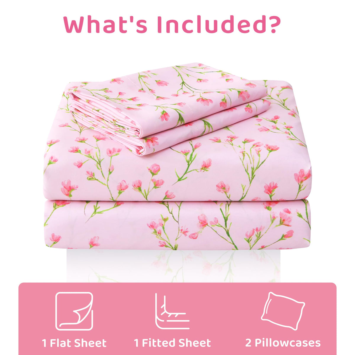 Mooreeke Cozy Floral Microfiber Printed Full Sheet Set - Soft & Breathable Pink Flowers Bed Sheets with Deep Pocket - Non-Slip Fitted Design - Pink Flowers with Green Branches Pattern - Full