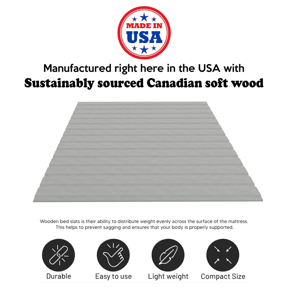 Continental Sleep, 0.75-Inch Horizontal Wooden Bunkie Board/Bed Slats with Cover, Enhance Mattress Support, Queen, Grey