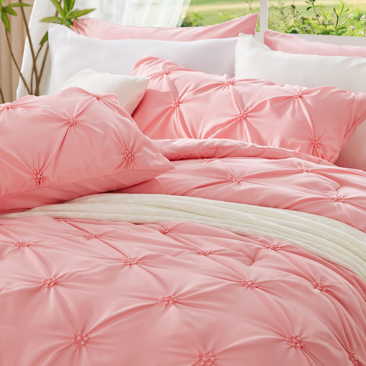BEDELITE Pink Queen Comforter Set - 3 Pieces Boho Pintuck Bedding Comforter Sets, Lightweight Soft & Warm Bed Comforter with 2 Pillowcases for All Season,Valentines Day