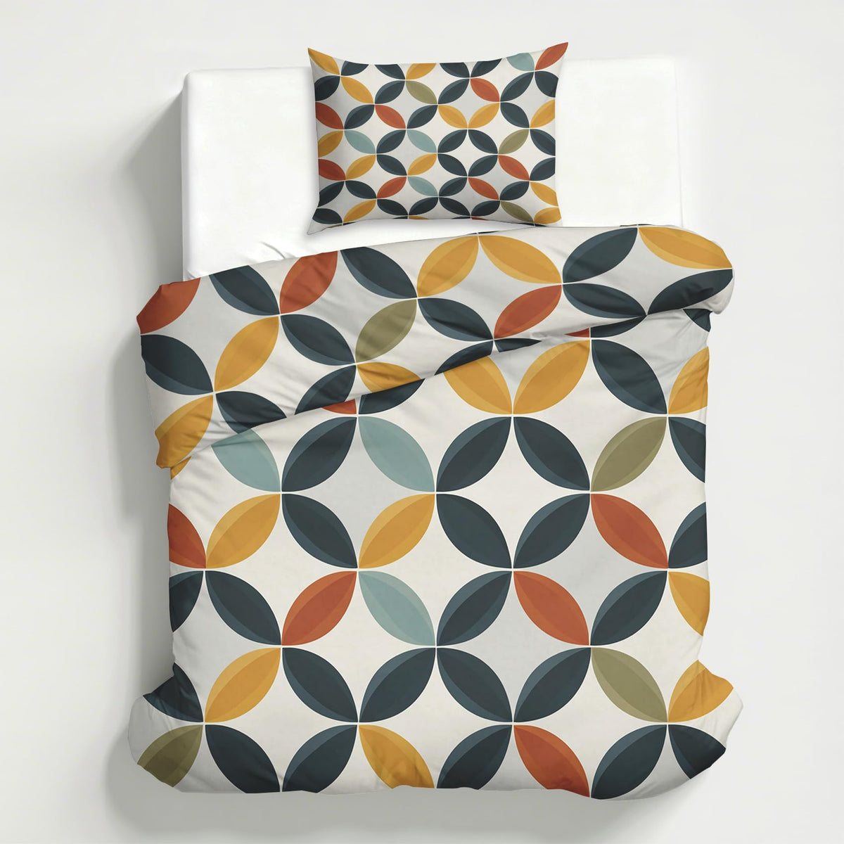 Mid Century Modern Twin Duvet Cover Set, Retro Geometric Circle Bedding Set 2 Pcs Reversible, MCM Geo Bedroom Decor, Ultra Soft Microfiber, 1 Pillow Sham, Zipper & Ties KJJT 104
