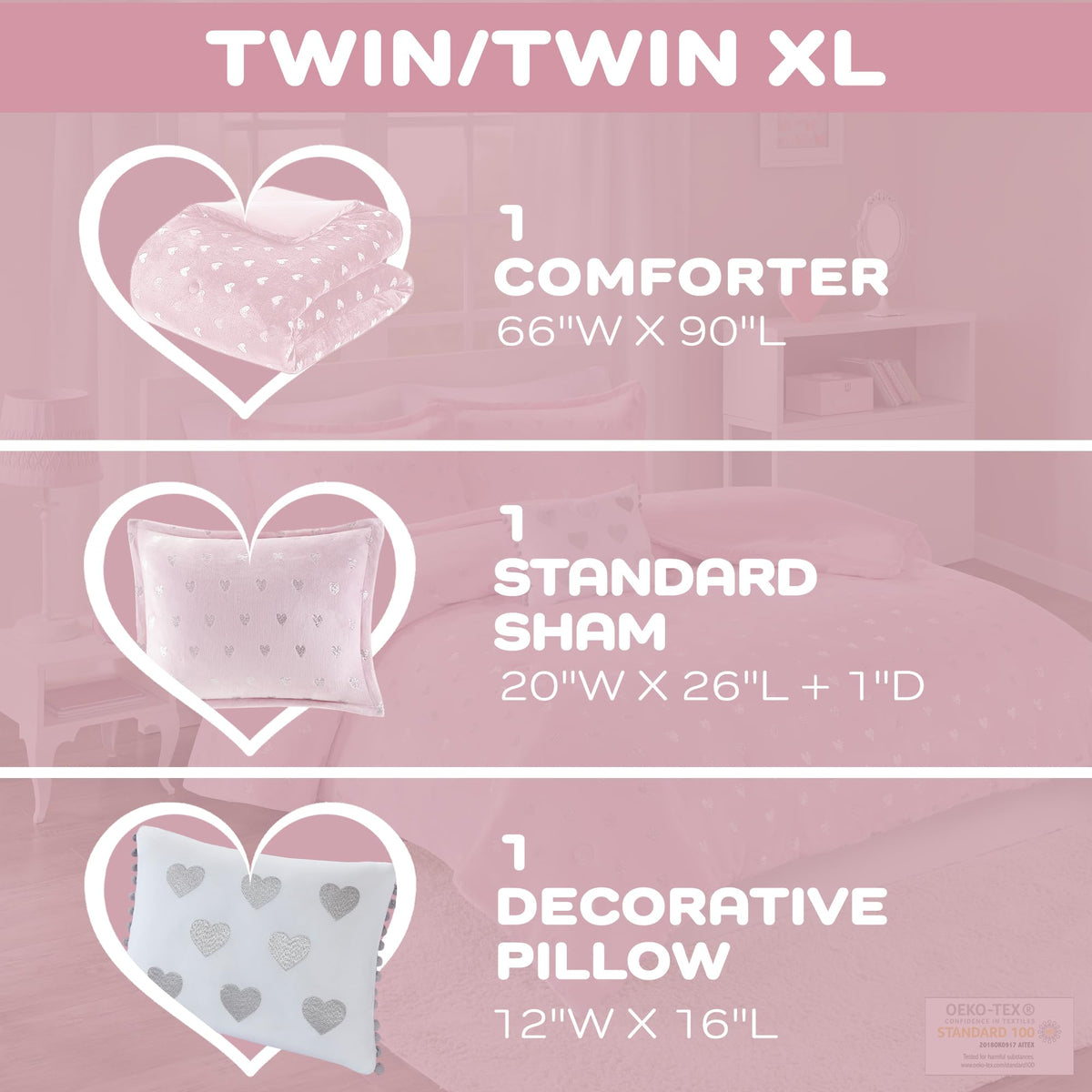 Intelligent Design Twin Comforter Set, 3 Piece Metallic Hearts Cozy Bedroom Set for Girls, Twin Bed Set Soft & Plush Comforter, All Season Fluffy Bedding Set, Rosalie, Twin/Twin XL, Pink Silver