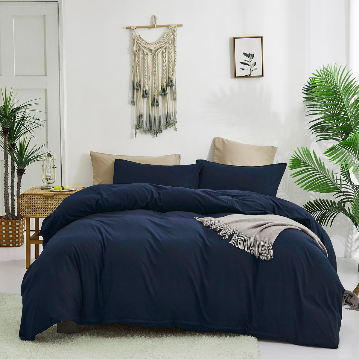 KAREVER Navy Blue Comforter Queen Bedding Set Women Soft Dark Navy Bedding Comforter Set Men Breathable Durable Bed Set