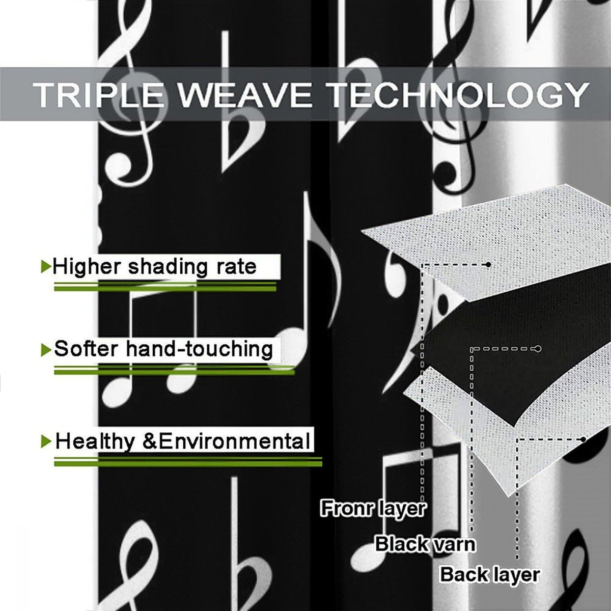 HZOHNAGO Music Curtain Black and White Music Notes Pattern Blackout Print Rod Pocket Window Drapes for Bedroom Living Room 42x45in
