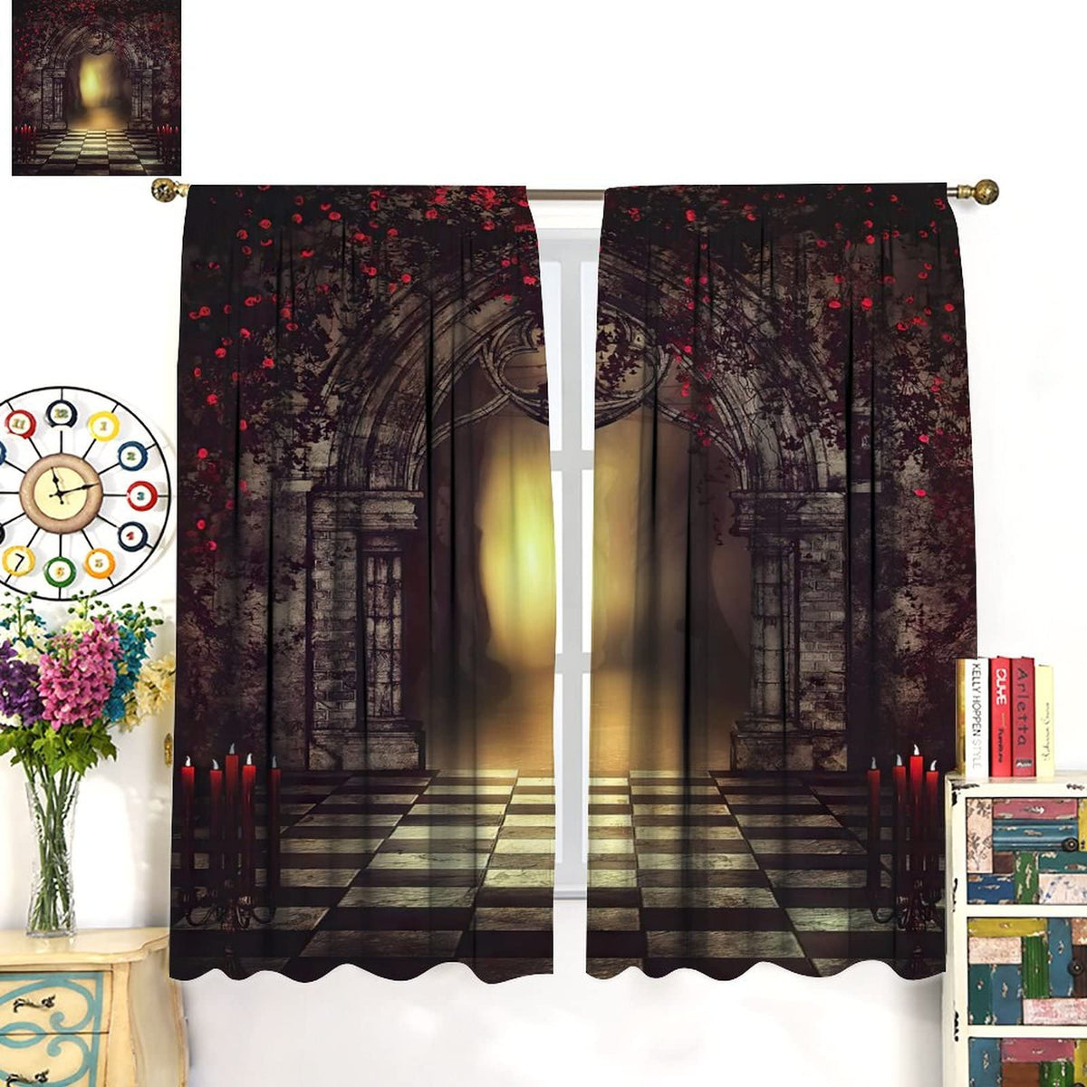Gothic Blackout Curtains,Red Roses Medieval Castle Old Arch and Candles Thermal Insulated Drapes for Bedroom Living Room Window Curtains W42xL45in