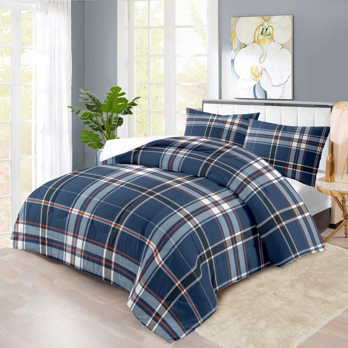 llyxsesty Blue Grid Comforter Set Queen Teens Plaid Design Bedding Set for Boys Gingham Comforter Queen Girls Quilt Plaid Bedroom Decor Grid Checkered Bedding Bed Decor