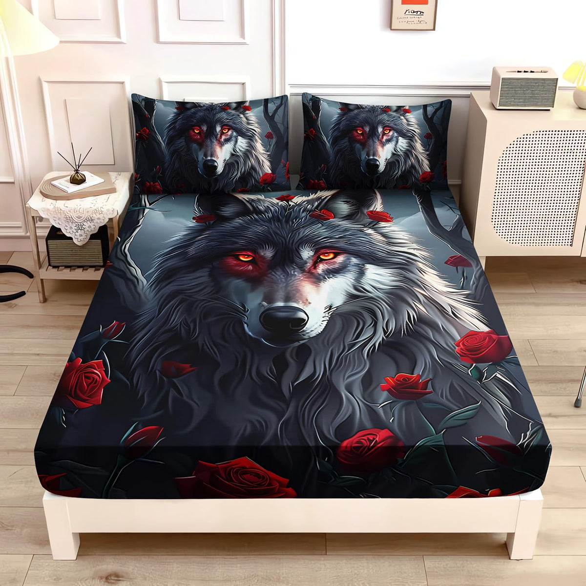 UEVBF Wolf Bedding Fitted Sheet Sets Twin Size,Moon Night Forest Floral Printed Bedding Set for Kids Girls Boys Room Decor,Western Animal Themed Bedding Sets,1 Fitted Sheet+2 Pillowcases.