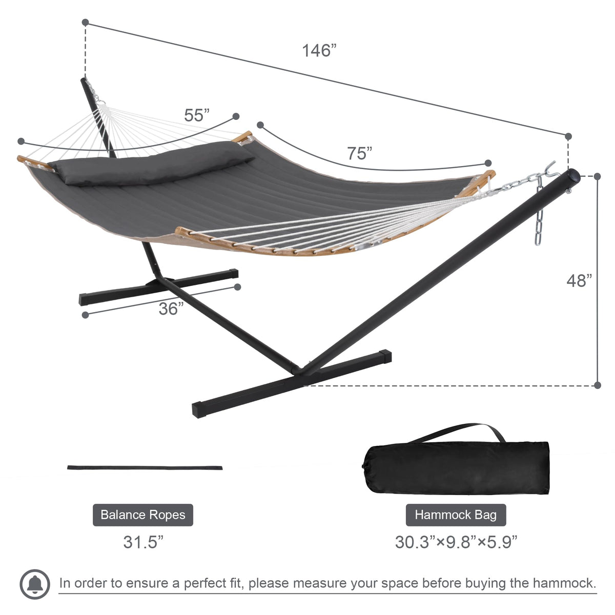 Mansion Home 55in Hammock with Stand, Heavy Duty Hammock with Stand Included, Two Person Hammock with Curved Spreader Bar, Pillow and Portable Bag, 450 Lbs Capacity, Dark Gray