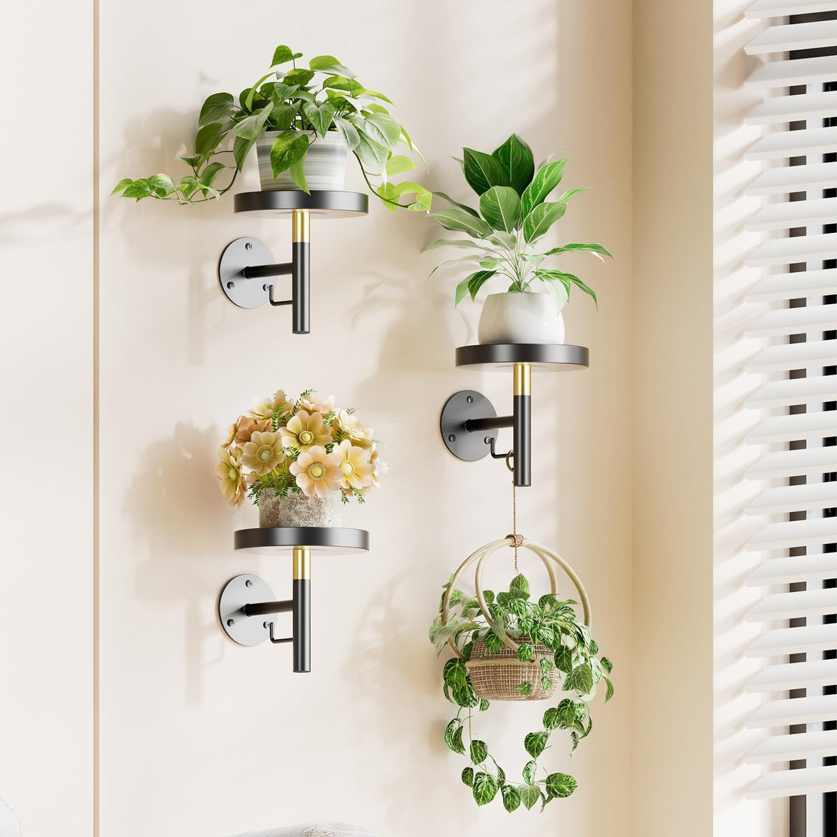 YUOROS 3 Pack Wall Plant Holder Wall Planters for Indoor Plants Hanging Window Plant Shelves Hanger Decor (Black)